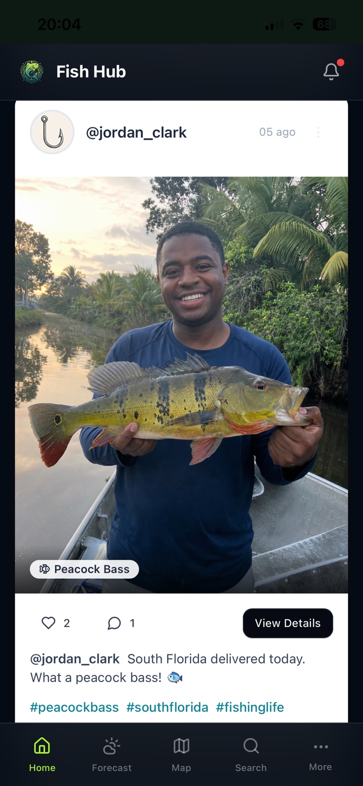 Fish Hub community catch post showing an angler with a peacock bass