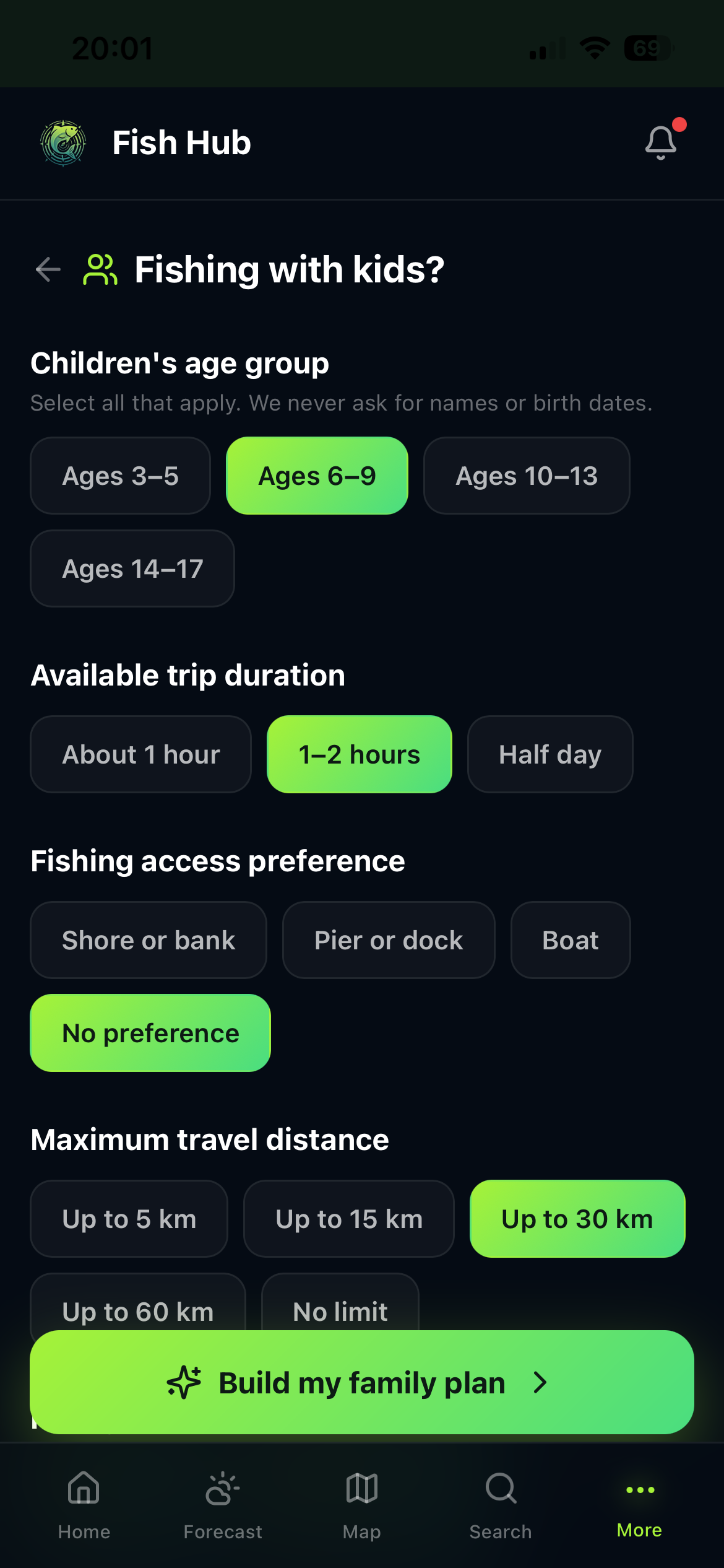Family Fishing planner selecting children's ages, trip duration and access preferences