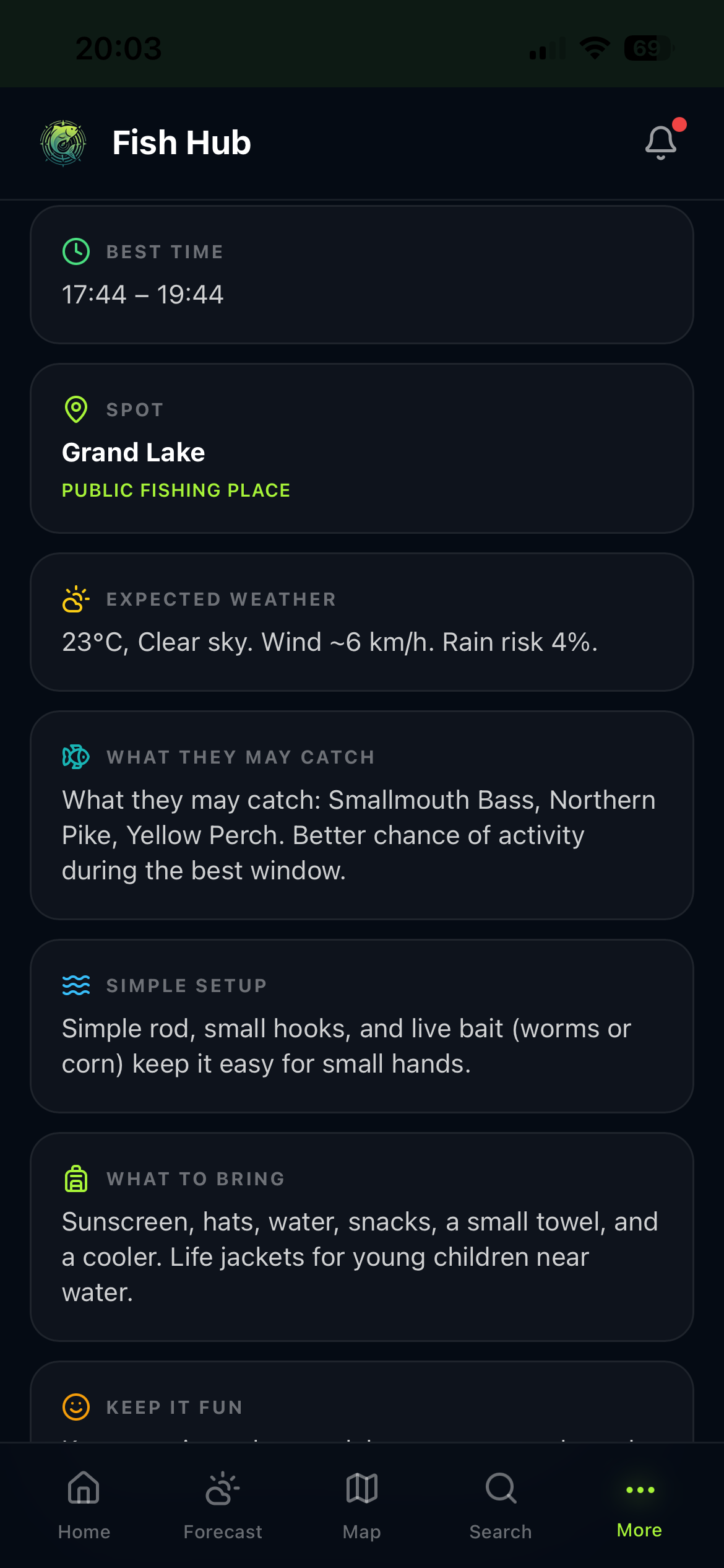 Family Fishing plan with best time, family-friendly spot, weather, simple setup and packing list