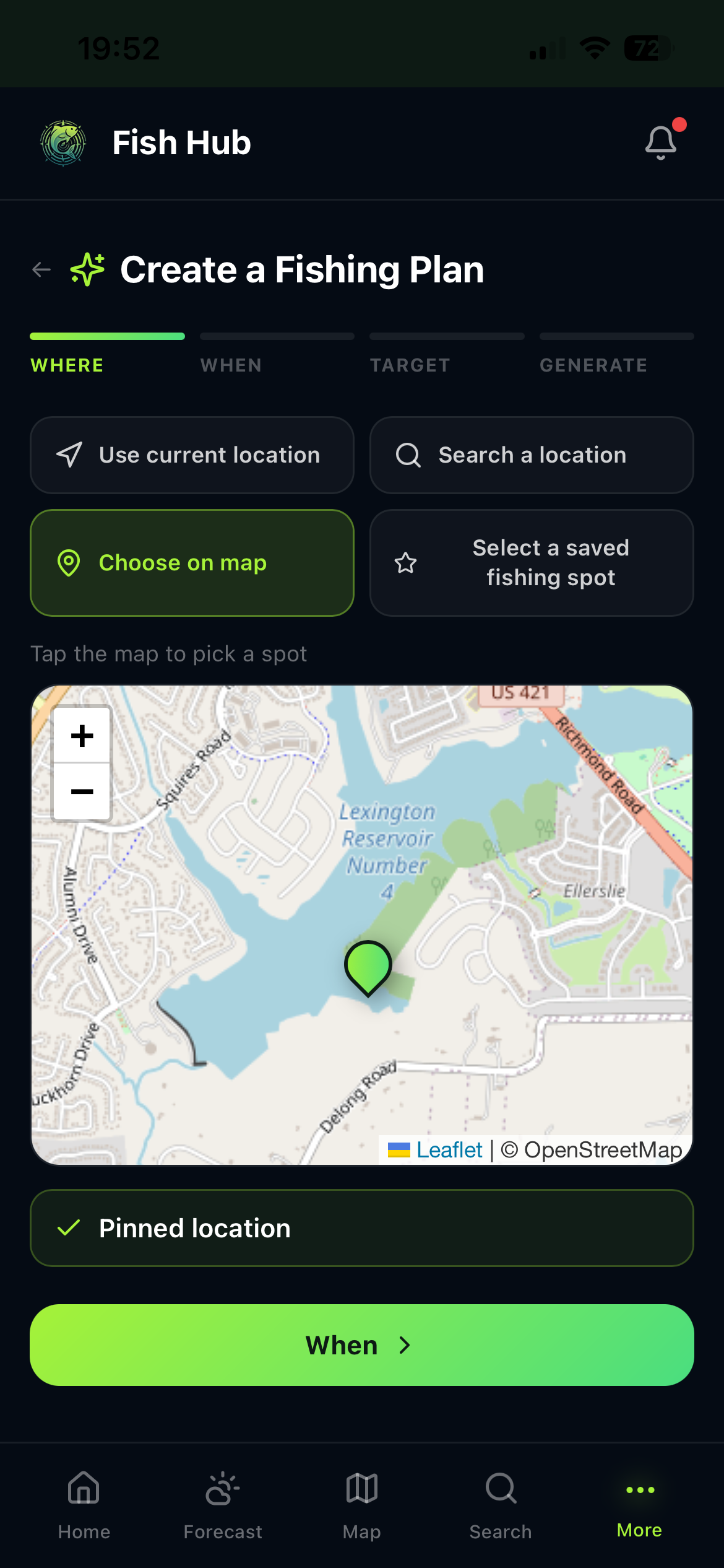 Fish Hub plan builder with a fishing location selected on the map