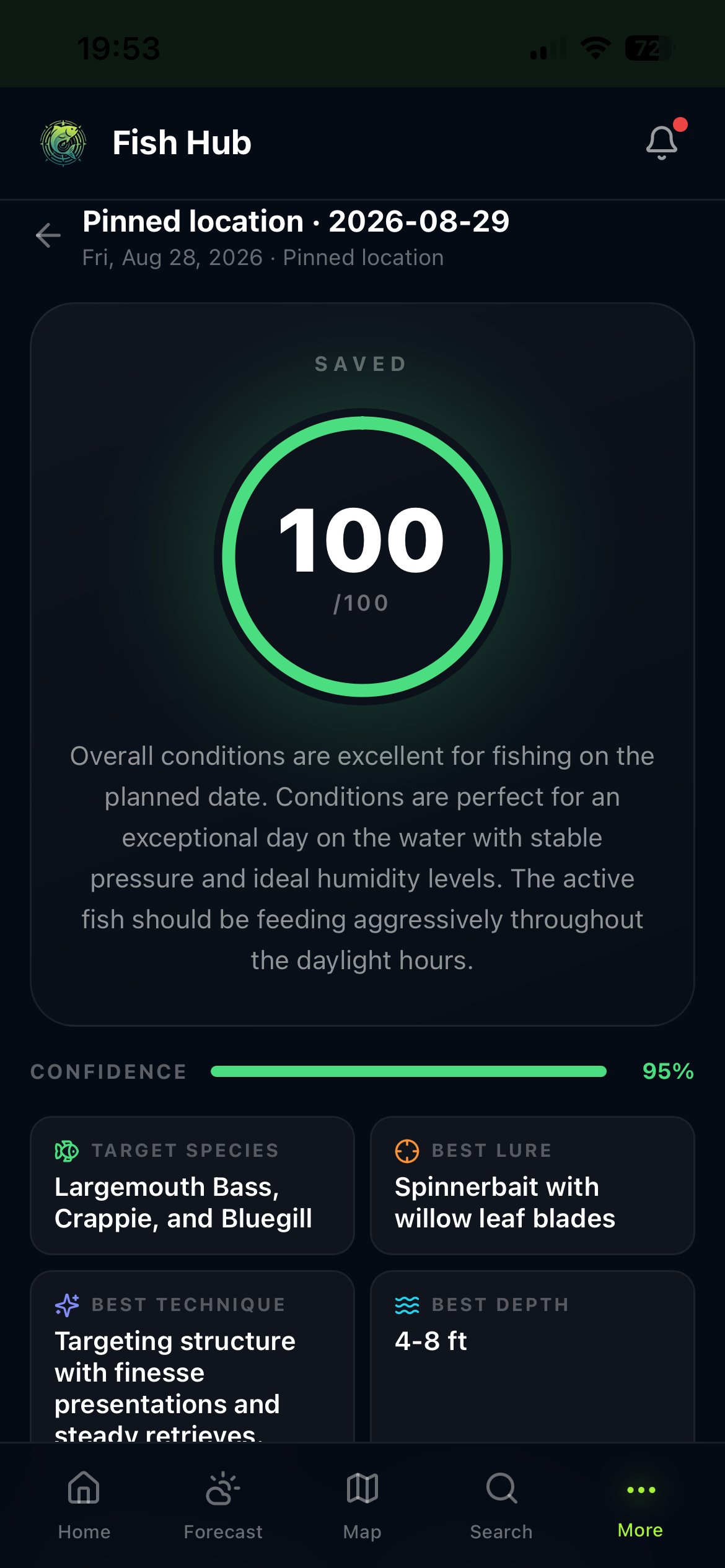 Fish Hub personalized fishing plan with score, confidence, target species and lure