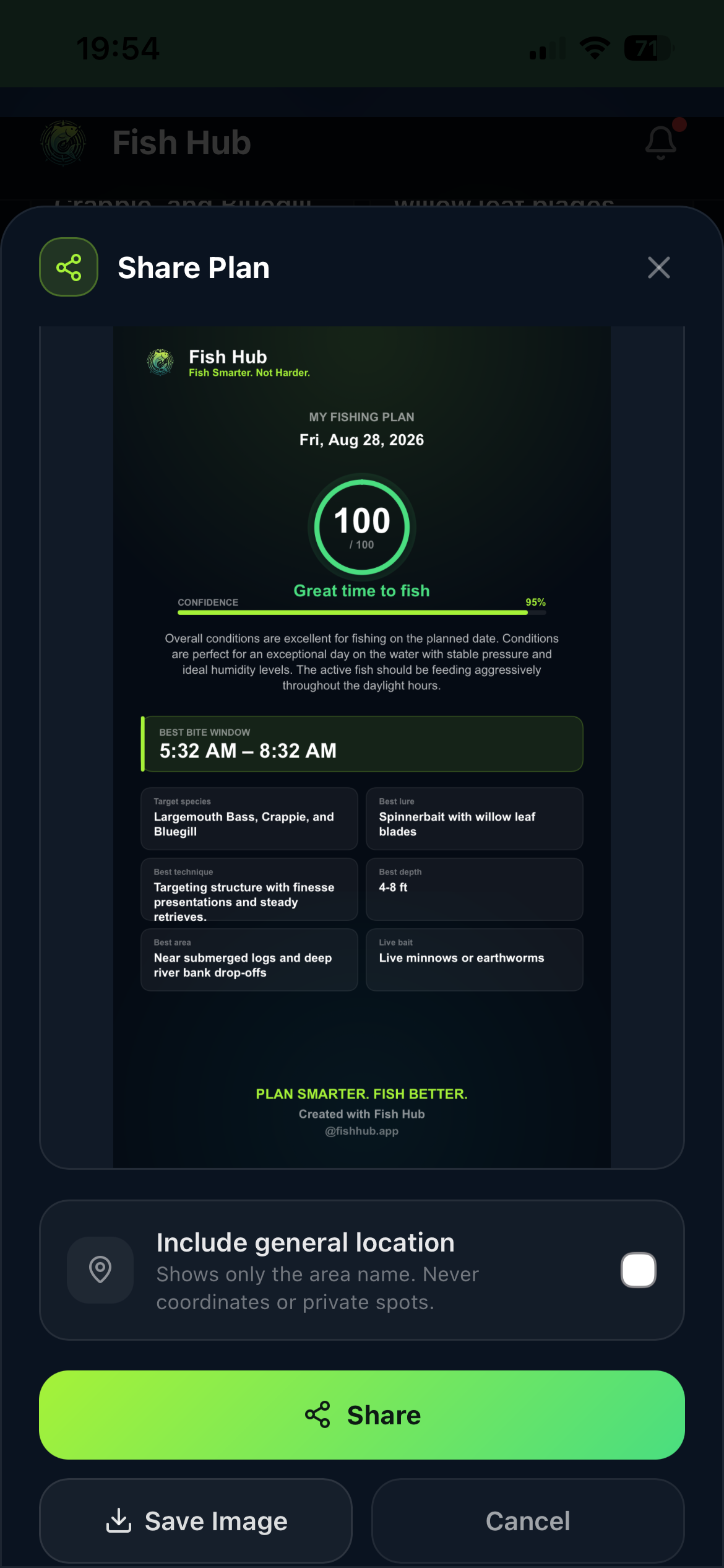 Fish Hub share screen with a personalized fishing plan card