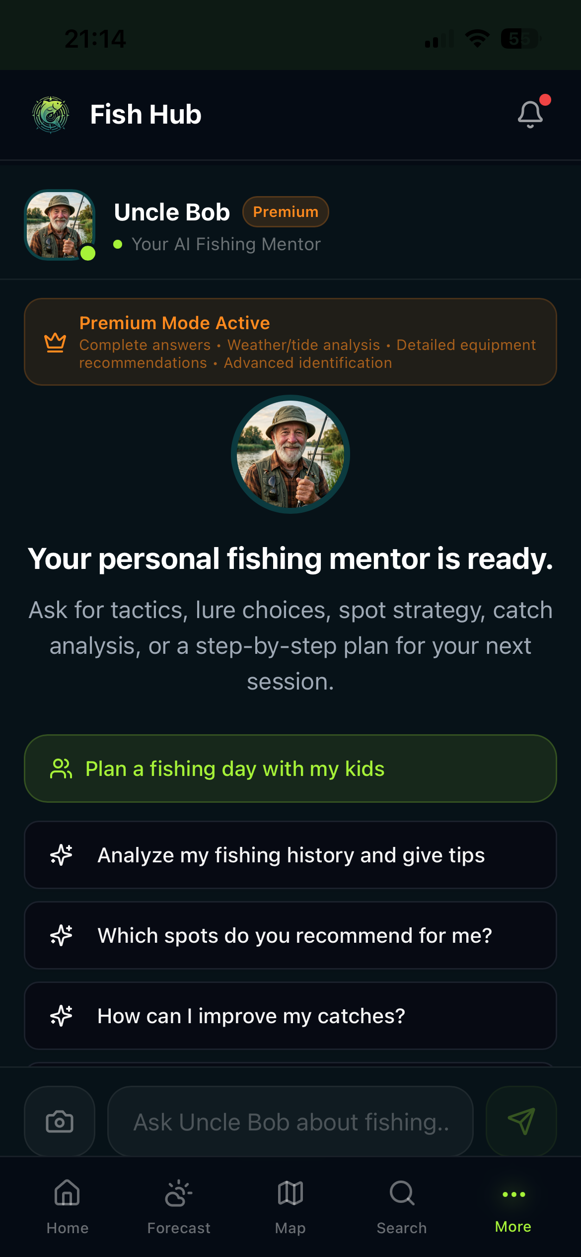 Uncle Bob AI fishing mentor screen with personalized question suggestions